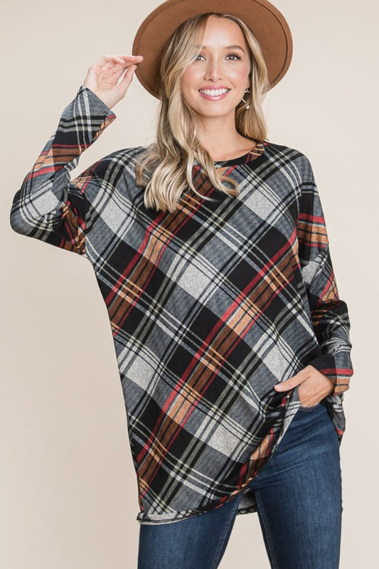 Blue Zone Planet | BOMBOM Plaid Round Neck Long Sleeve Knit Top-TOPS / DRESSES-[Adult]-[Female]-Multi-S-2022 Online Blue Zone Planet