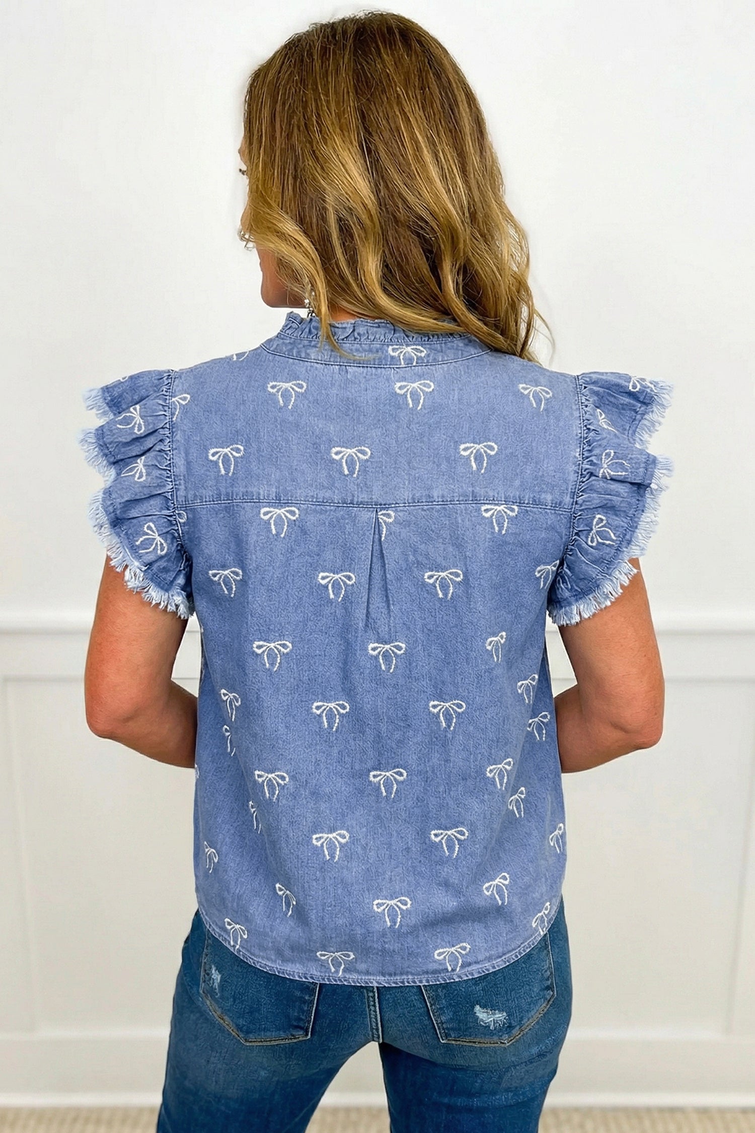 Blue Frilled Collar Flutter Sleeve Denim Top-Tops/Tops & Tees-[Adult]-[Female]-2022 Online Blue Zone Planet