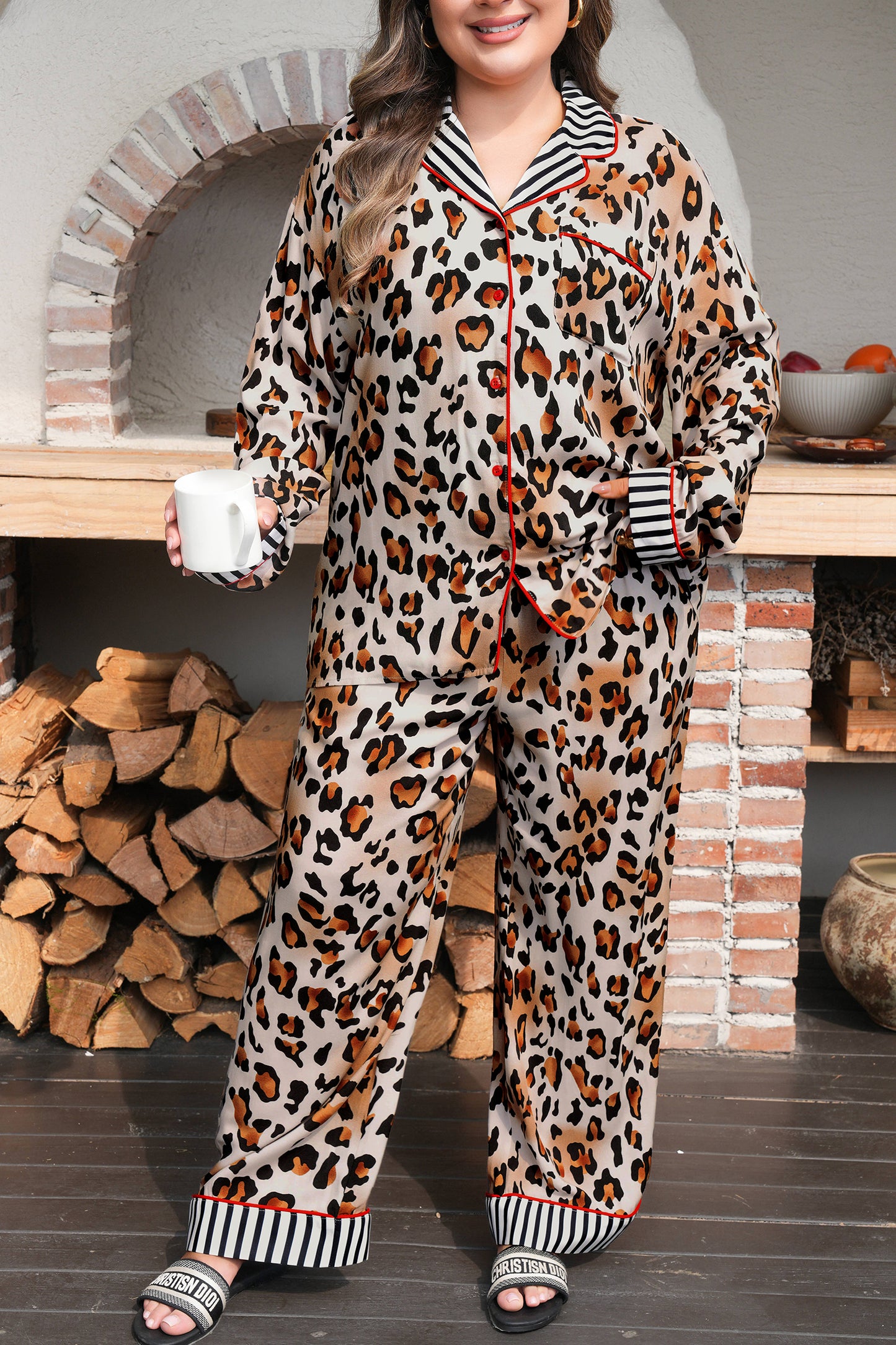 Khaki Plus Leopard Print Contrast Piping Striped Patchwork 2pcs Long Pajama Set-Plus Size/Plus Size Loungewear-[Adult]-[Female]-2022 Online Blue Zone Planet