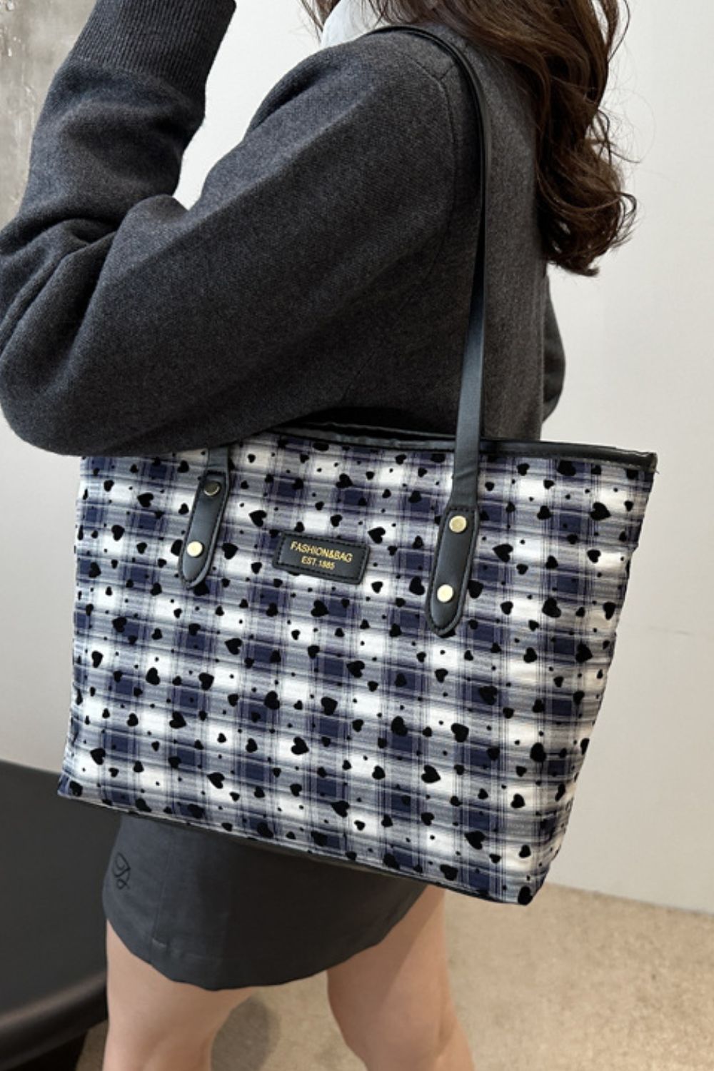 Heart Plaid PU Leather Strap Tote Bag-HANDBAGS-[Adult]-[Female]-2022 Online Blue Zone Planet