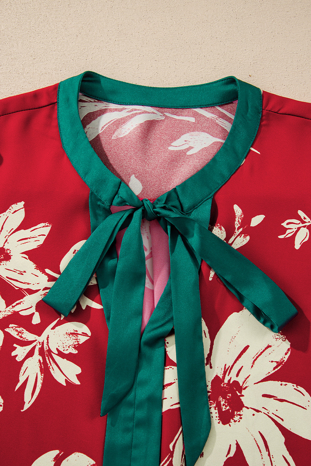 Red Contrast Tied Neck Shirred Puff Sleeve Flower Blouse-Tops/Blouses & Shirts-[Adult]-[Female]-2022 Online Blue Zone Planet