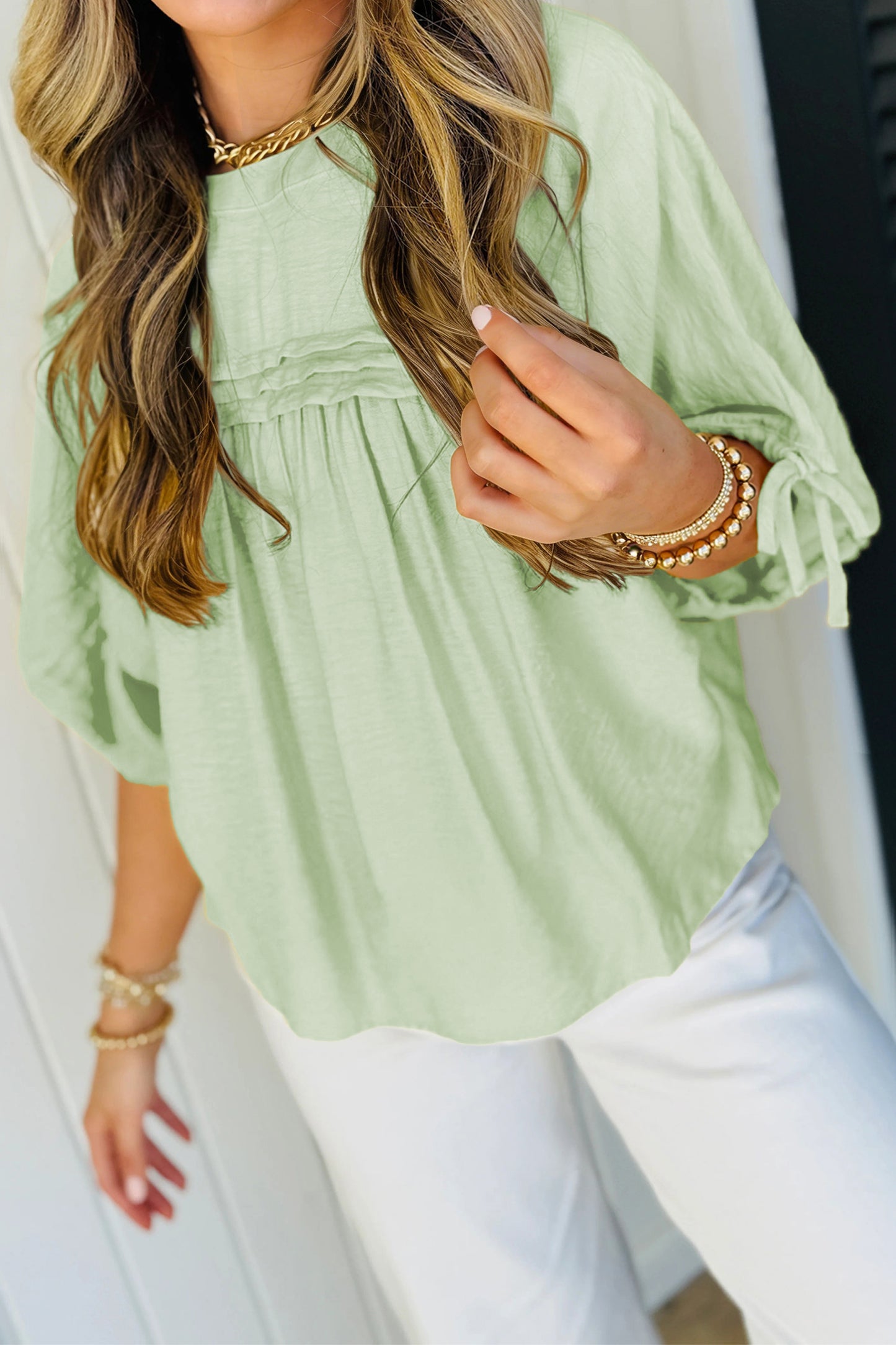 Meadow Mist Green Tie Half Sleeve Pleated Detail Babydoll Blouse-Tops/Blouses & Shirts-[Adult]-[Female]-2022 Online Blue Zone Planet