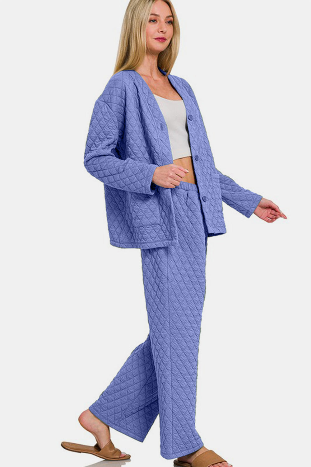 Zenana Quilted Button Up Long Sleeve Top and Pants Lounge Set-TOPS / DRESSES-[Adult]-[Female]-2022 Online Blue Zone Planet