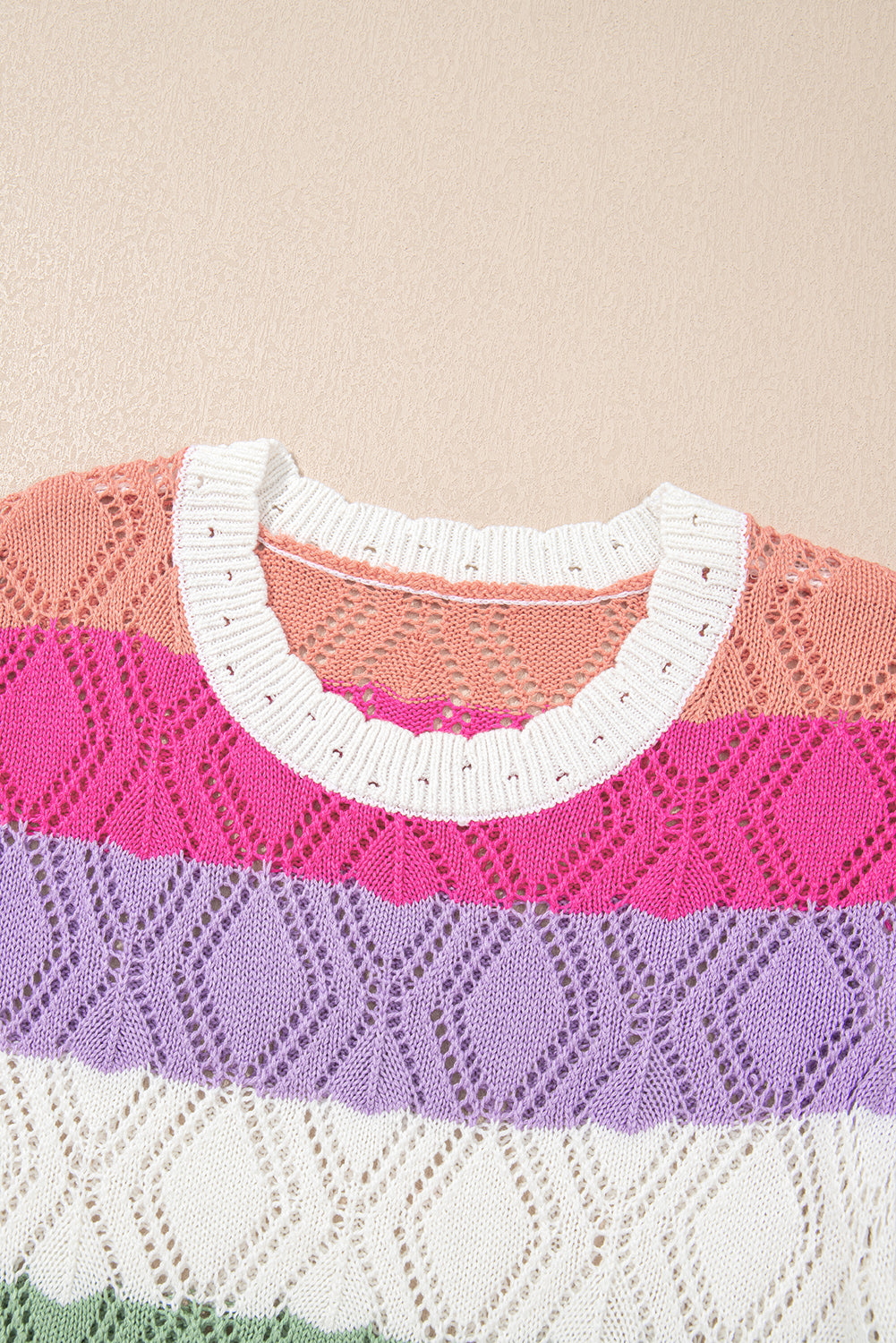 Rose Stripe Colorblock Hollowed Knit Scallop Edge Sweater Vest-Sweaters & Cardigans/Sweater Vests-[Adult]-[Female]-2022 Online Blue Zone Planet