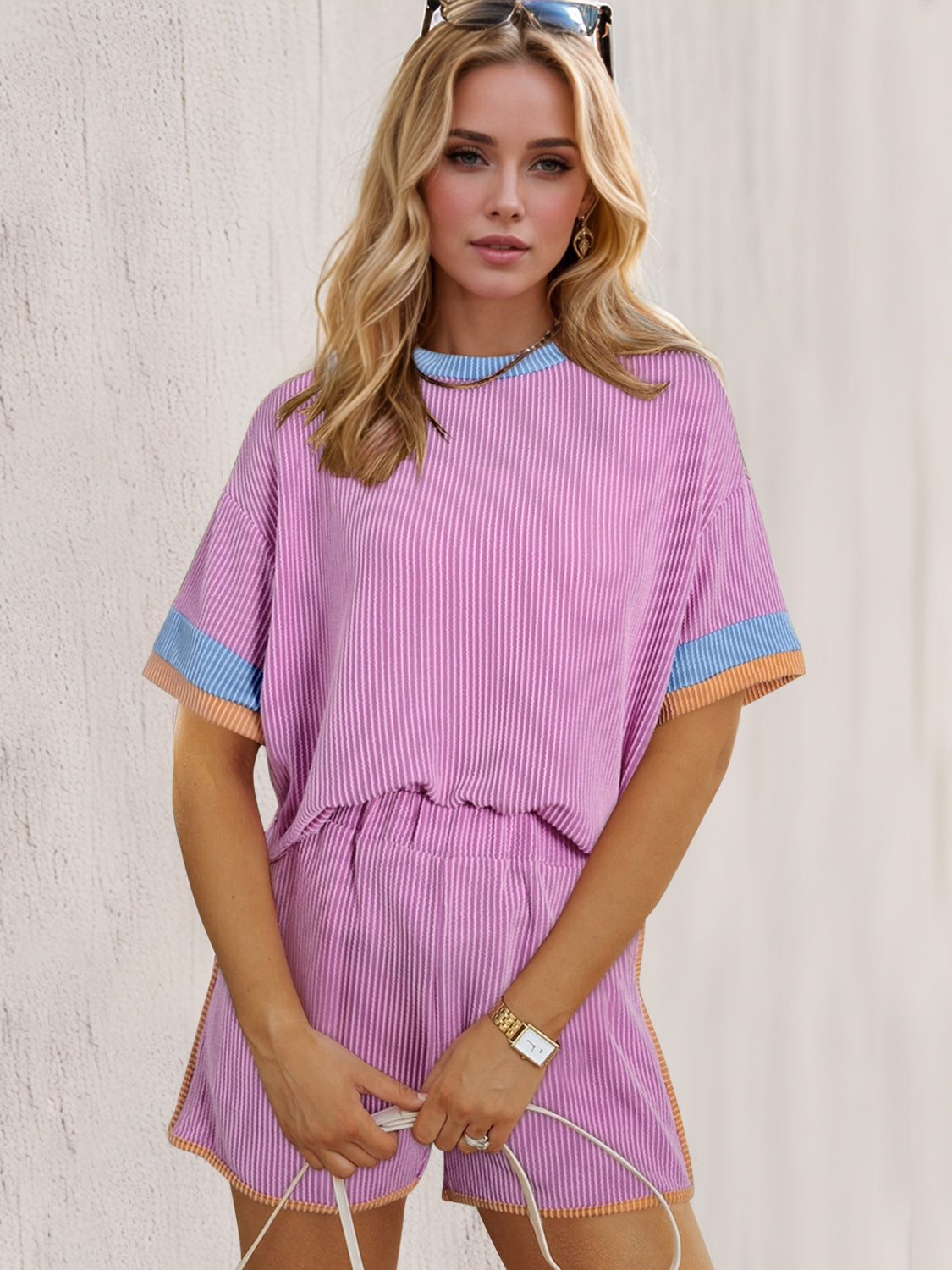 Blue Zone Planet | OH Texture Round Neck Half Sleeve Top and Shorts Set-TOPS / DRESSES-[Adult]-[Female]-Pink-S-2022 Online Blue Zone Planet