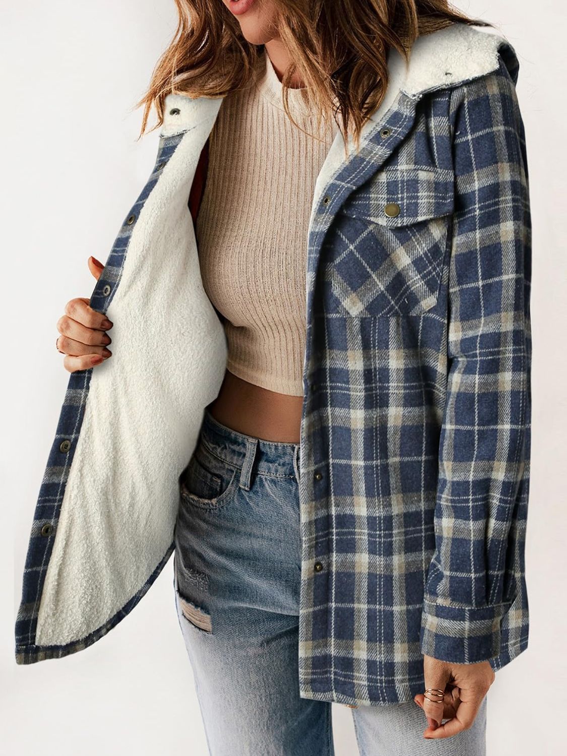 Plaid Snap Down Plush Hooded Jacket-TOPS / DRESSES-[Adult]-[Female]-2022 Online Blue Zone Planet