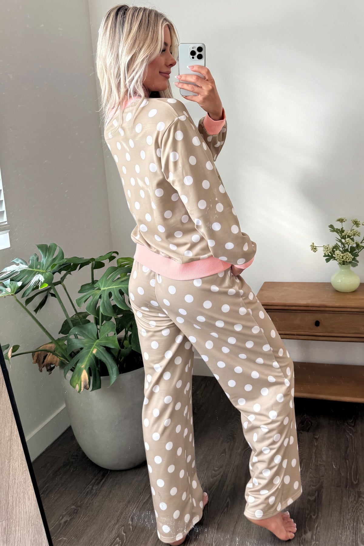 Khaki Polka Dot Contrast Trim Long Sleeve Top Drawstring Shift Pants Set-Two Piece Sets/Pant Sets-[Adult]-[Female]-2022 Online Blue Zone Planet