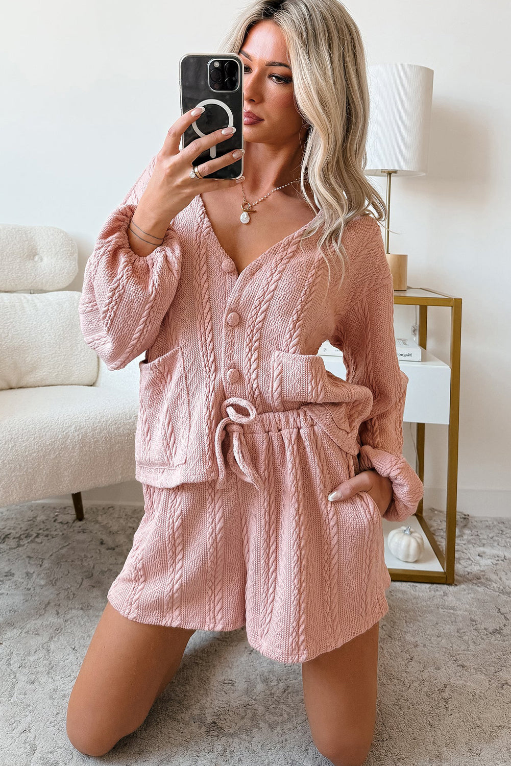 Gossamer Pink Cable Knit V Neck Cardigan Shorts Set-Two Piece Sets/Short Sets-[Adult]-[Female]-2022 Online Blue Zone Planet