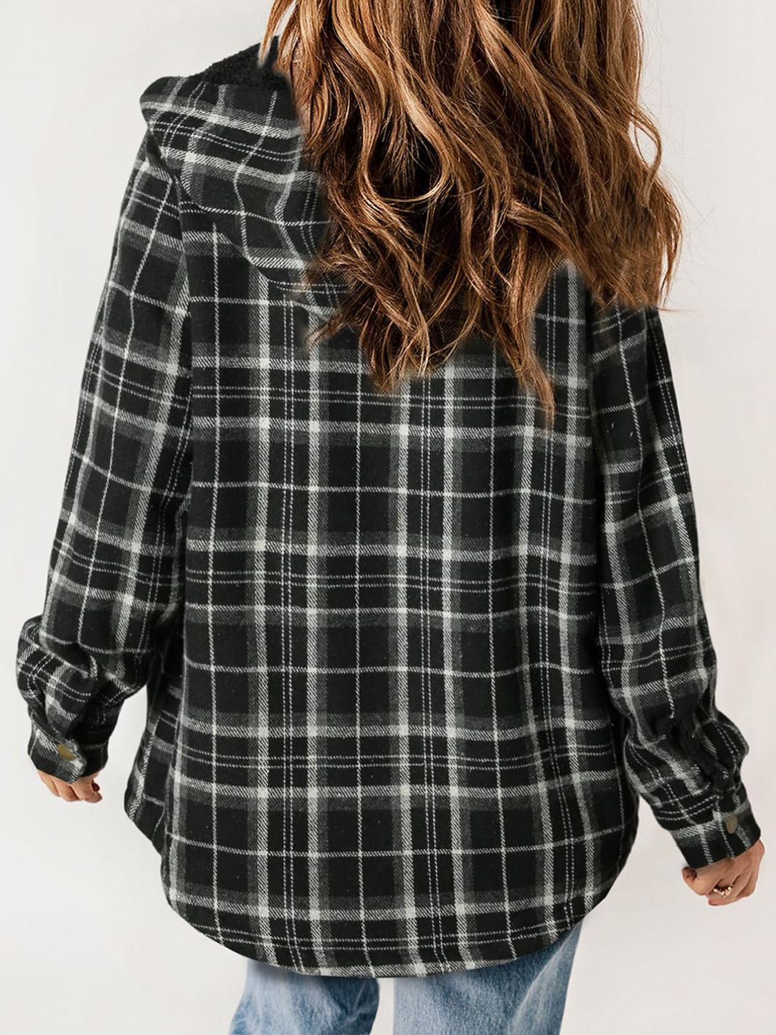 Plaid Snap Down Plush Hooded Jacket-TOPS / DRESSES-[Adult]-[Female]-2022 Online Blue Zone Planet