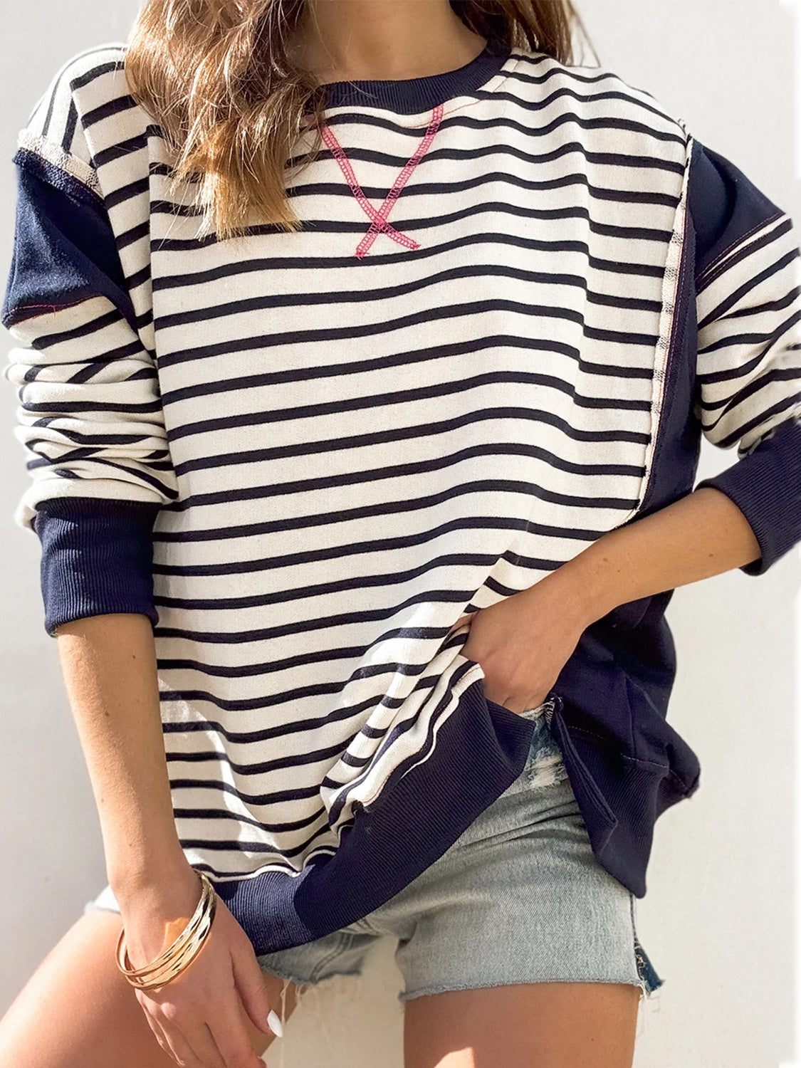 Slit Exposed Seam Striped Long Sleeve Sweatshirt-TOPS / DRESSES-[Adult]-[Female]-2022 Online Blue Zone Planet