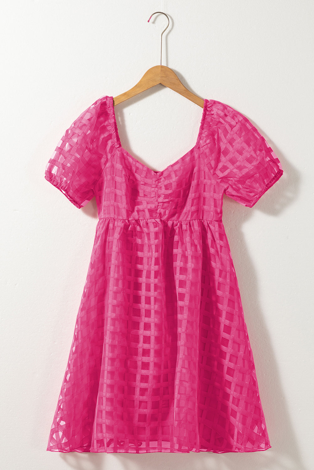 Strawberry Pink Checkered Puff Sleeve Babydoll Dress-TOPS / DRESSES-[Adult]-[Female]-2022 Online Blue Zone Planet