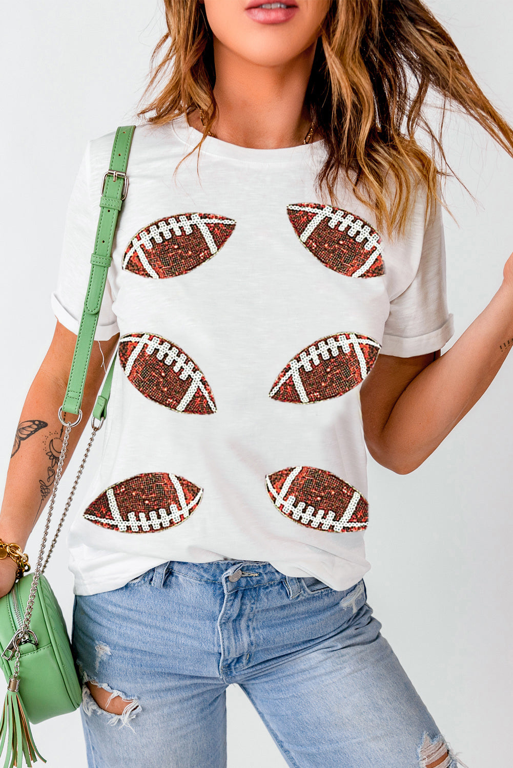 White Sequined Rugby Football Graphic Cotton T Shirt-Graphic/Graphic Tees-[Adult]-[Female]-2022 Online Blue Zone Planet