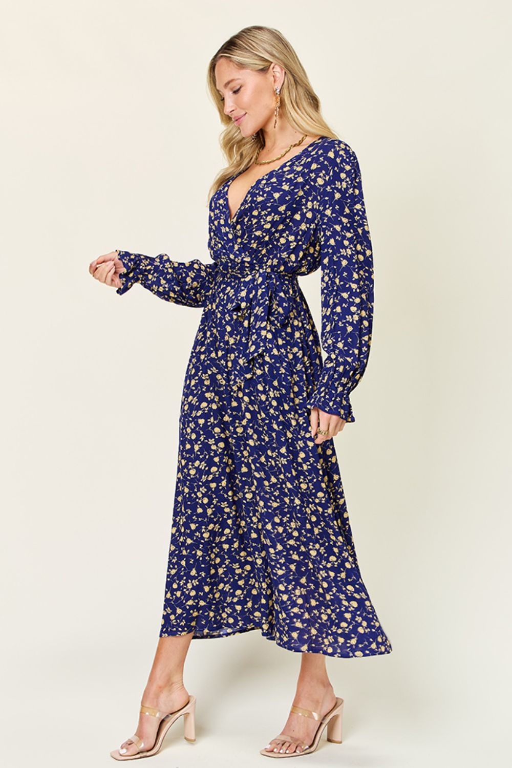 Double Take Full Size Tie Back Flounce Sleeve Dress-TOPS / DRESSES-[Adult]-[Female]-2022 Online Blue Zone Planet