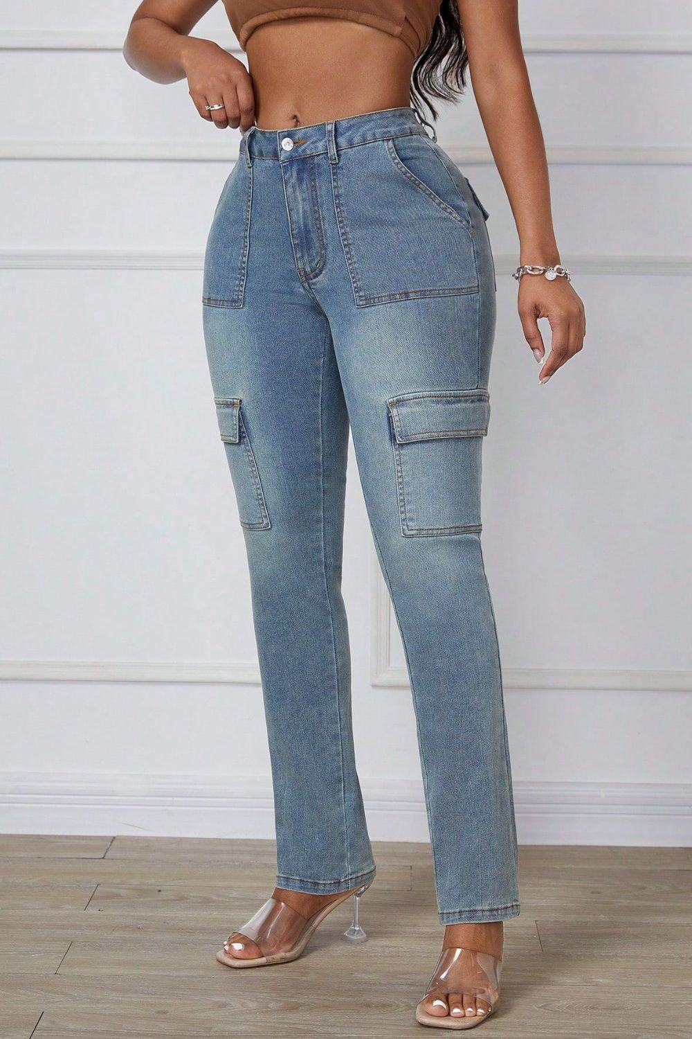 Skinny Jeans with Cargo Pockets-BOTTOMS SIZES SMALL MEDIUM LARGE-[Adult]-[Female]-2022 Online Blue Zone Planet