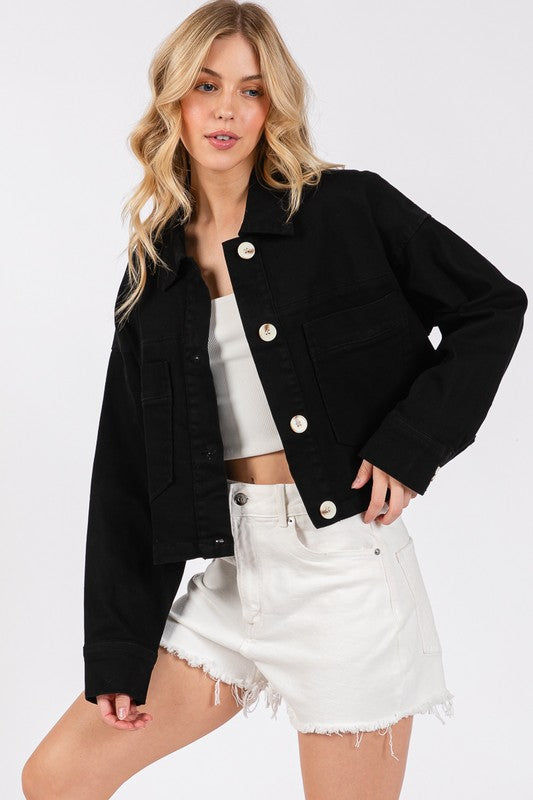 Blue Zone Planet | bytos Button Down Cropped Denim Jacket with Patch Pockets-TOPS / DRESSES-[Adult]-[Female]-Black-S-2022 Online Blue Zone Planet