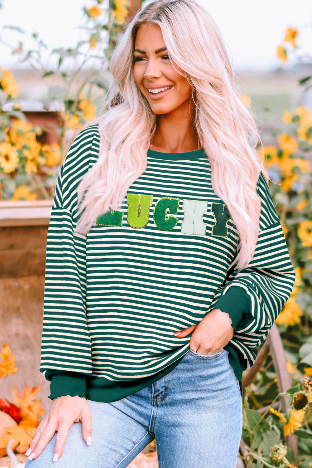 Green Stripe Chenille LUCKY Patched Pattern St Patrick Long Sleeve Top-Graphic/Graphic Long Sleeve Tees-[Adult]-[Female]-Green Stripe-S-2022 Online Blue Zone Planet