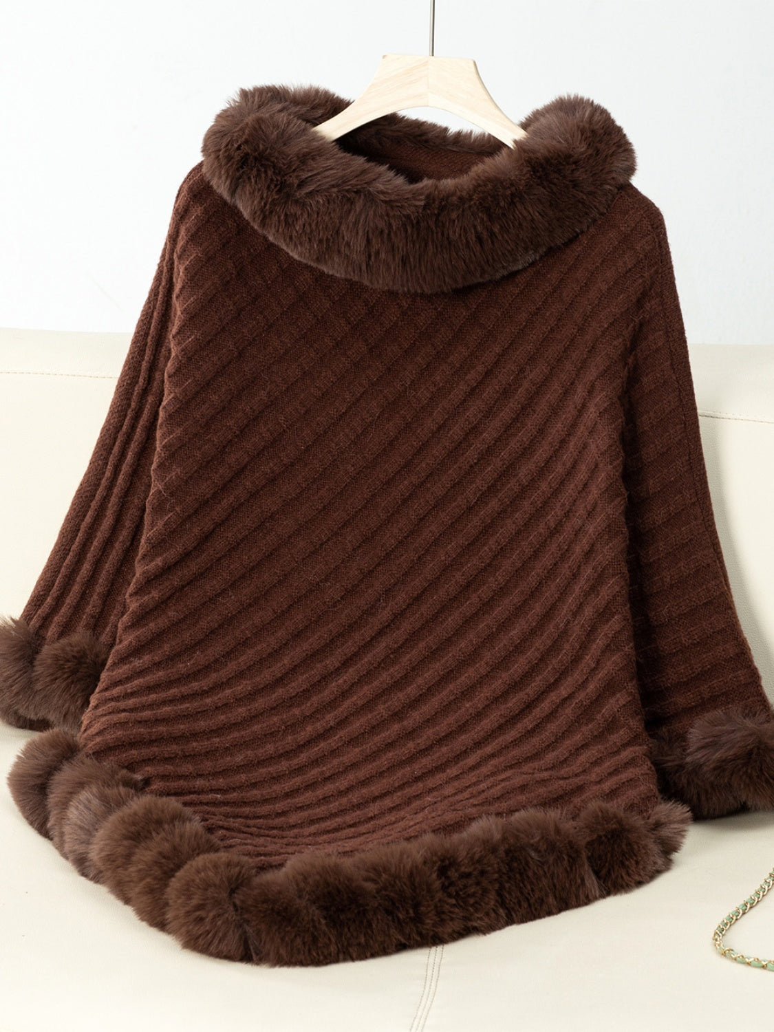 Fuzzy Trim Texture Three-Quarter Sleeve Poncho-TOPS / DRESSES-[Adult]-[Female]-Chocolate-One Size-2022 Online Blue Zone Planet