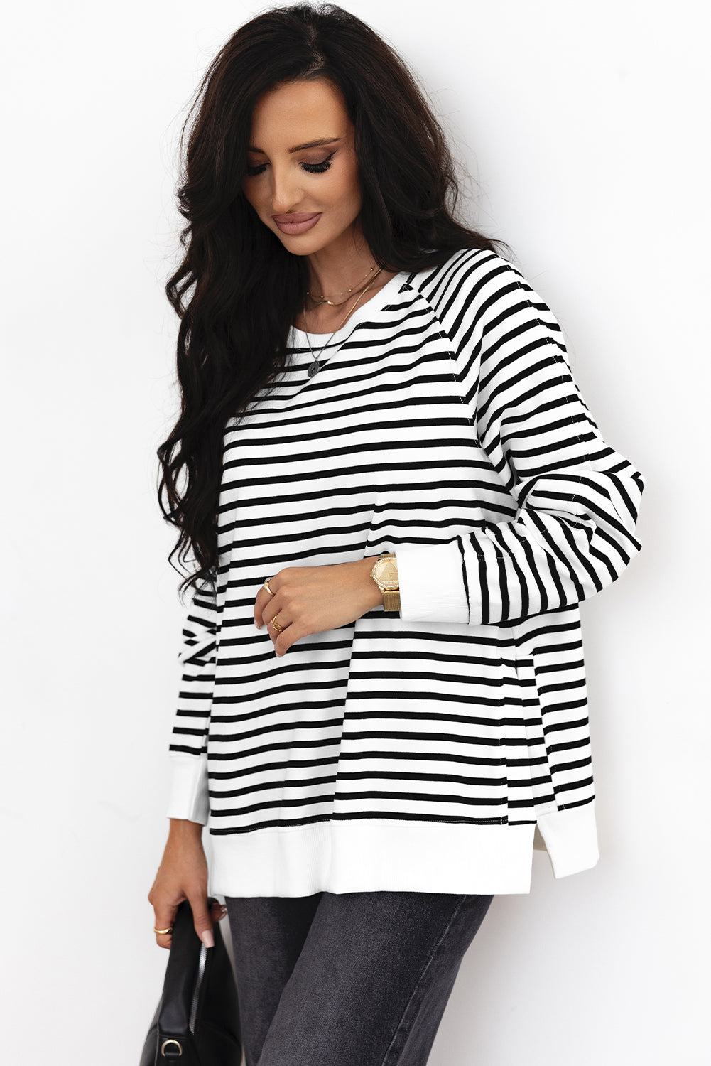 Black Stripe Raglan Sleeve Side Slits Loose Sweatshirt-Tops/Sweatshirts & Hoodies-[Adult]-[Female]-2022 Online Blue Zone Planet