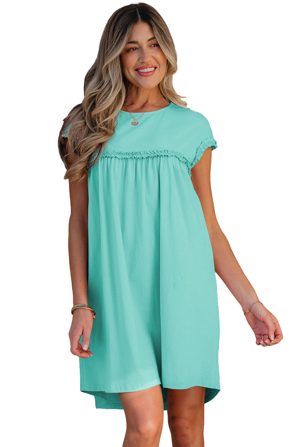 Mint Green Frilled Trim Crew Neck Loose Fit Mini Dress-TOPS / DRESSES-[Adult]-[Female]-2022 Online Blue Zone Planet