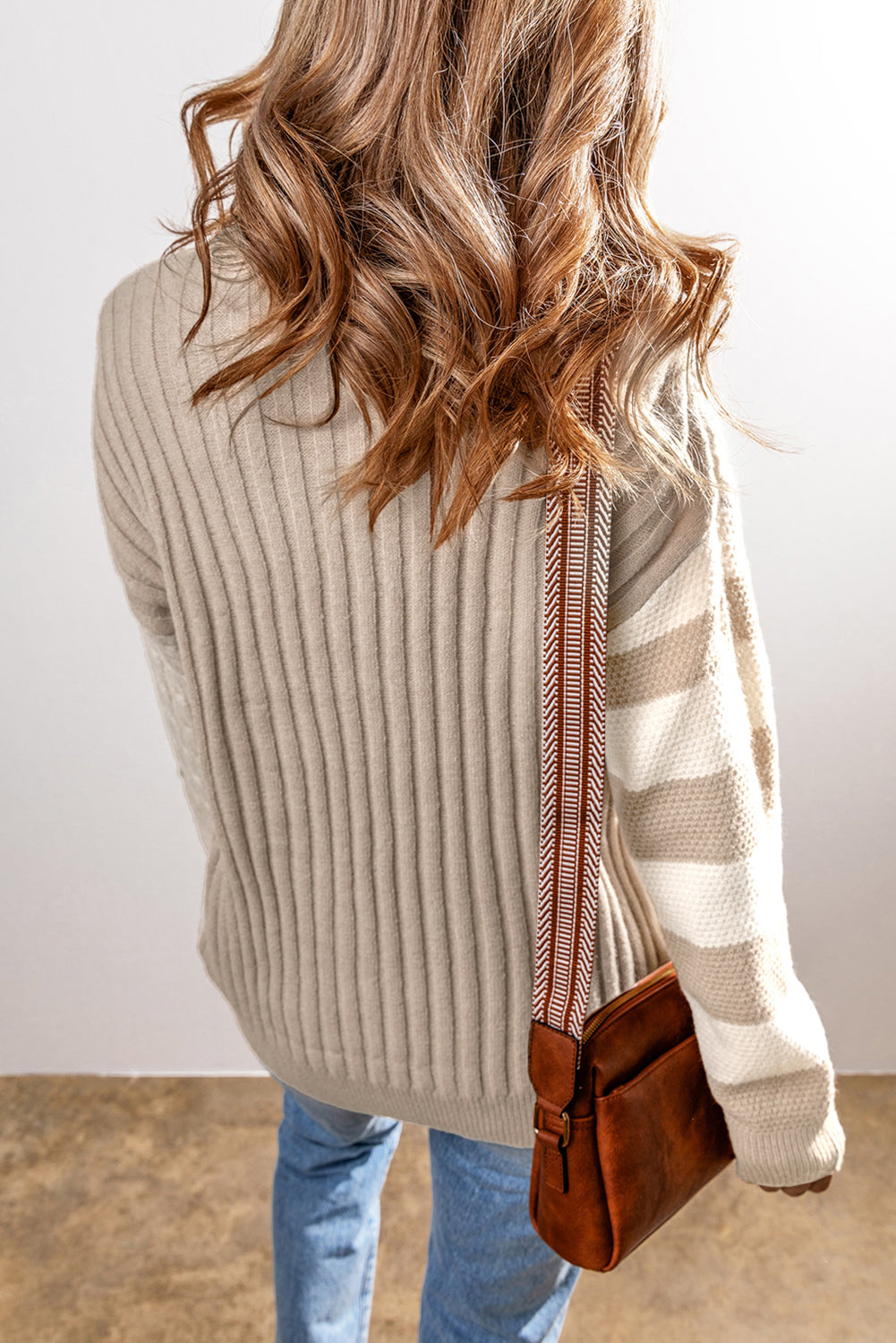 Khaki Cable Knit Colorblock Crew Neck Drop Shoulder Sweater-Sweaters & Cardigans/Sweaters-[Adult]-[Female]-2022 Online Blue Zone Planet