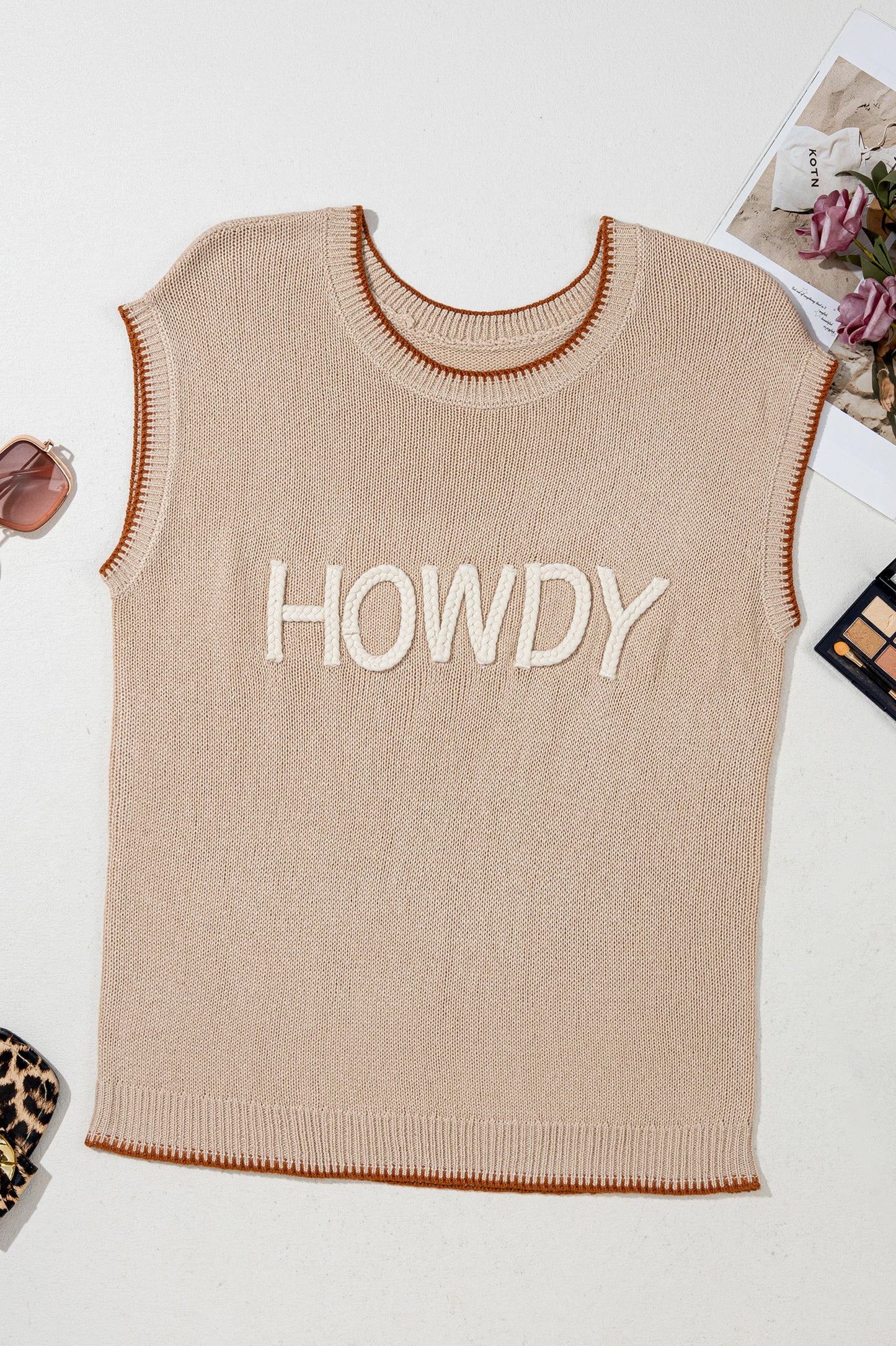 Parchment Contrast Trim Short Sleeve Knit HOWDY Western Sweater-Sweaters & Cardigans/Short Sleeve Sweaters-[Adult]-[Female]-2022 Online Blue Zone Planet