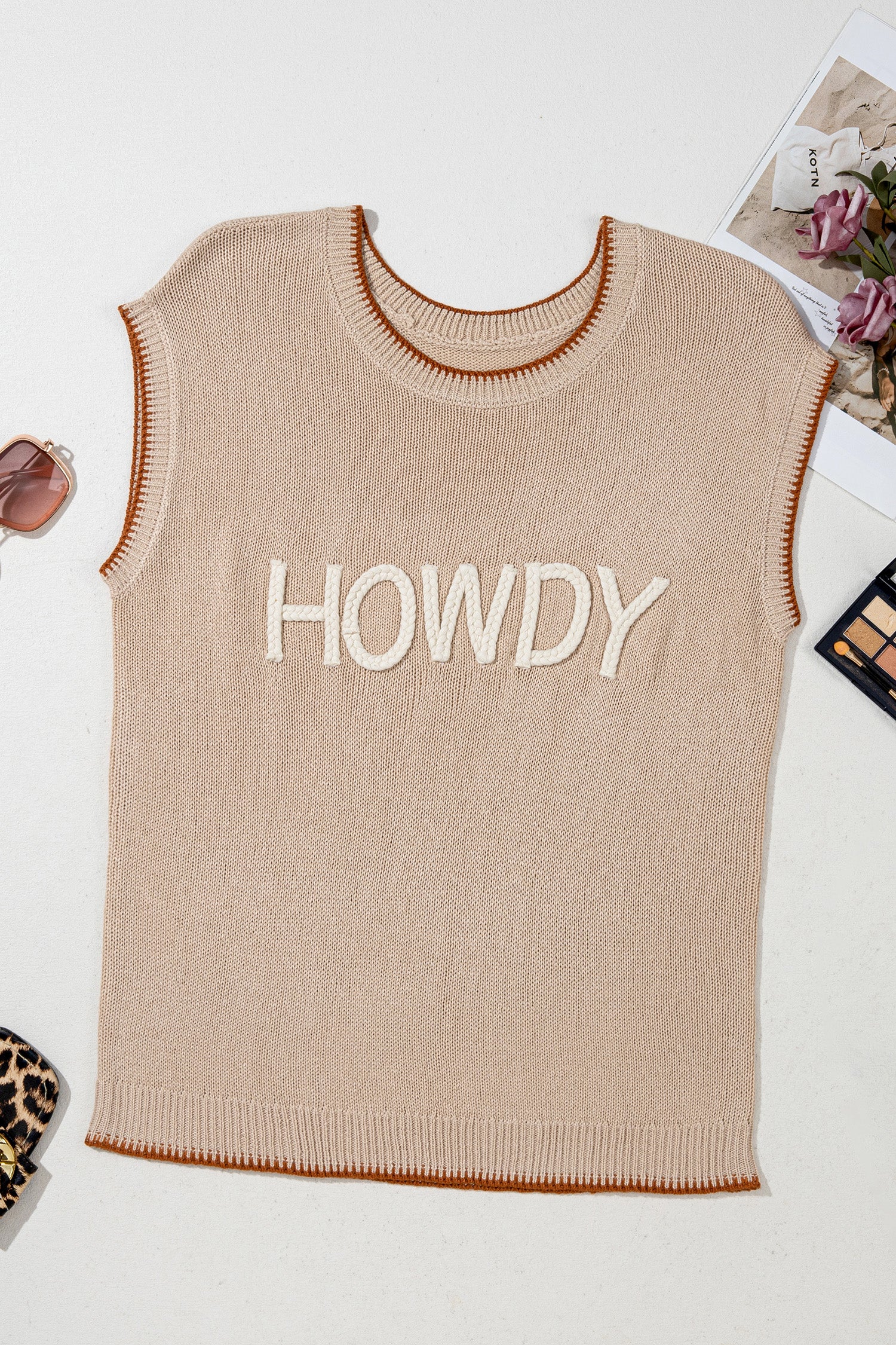 Parchment Contrast Trim Short Sleeve Knit HOWDY Western Sweater-Sweaters & Cardigans/Short Sleeve Sweaters-[Adult]-[Female]-2022 Online Blue Zone Planet
