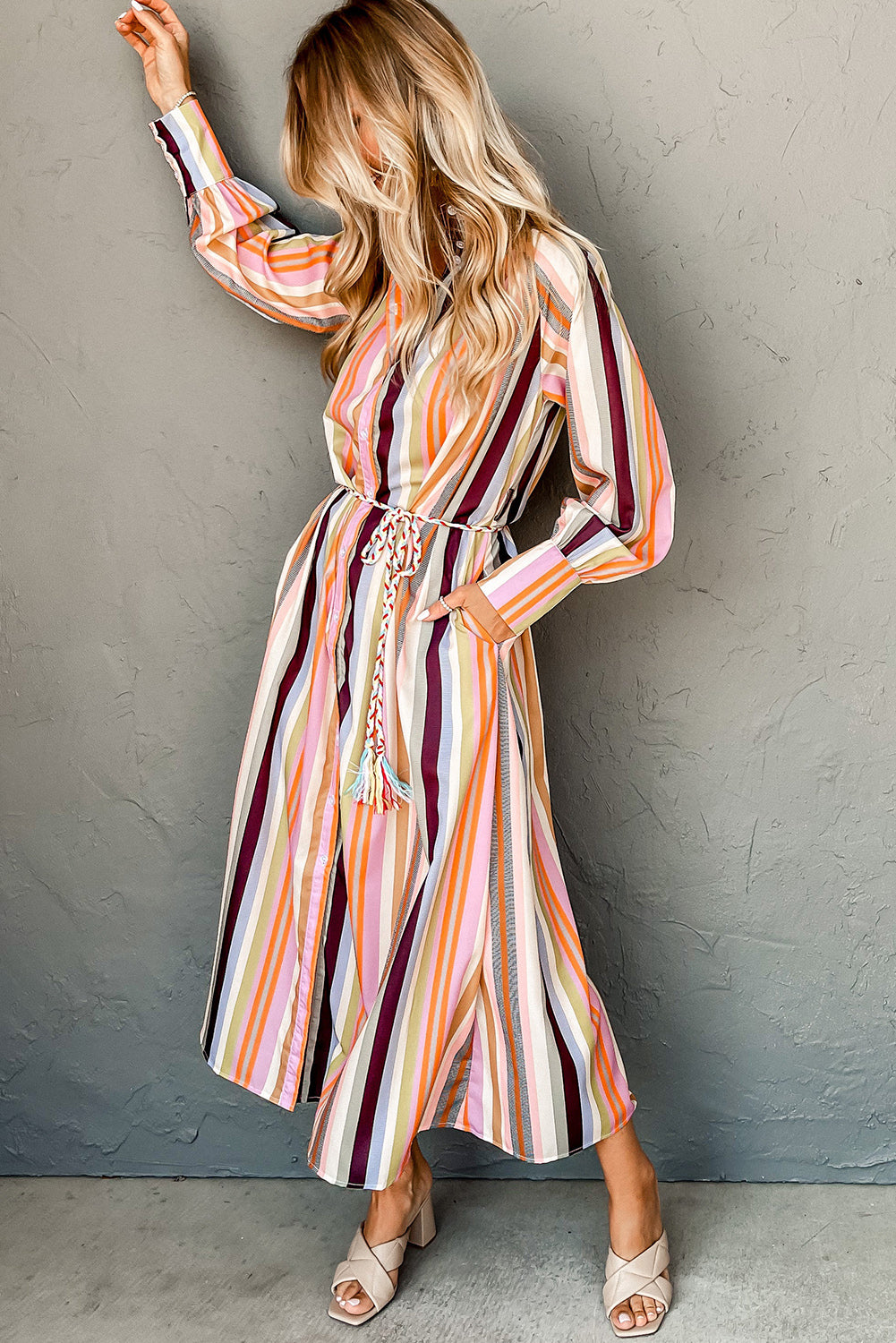 White Colorful Striped Cuffed Sleeve Tassel Tie Maxi Dress-Maxi Dresses-[Adult]-[Female]-2022 Online Blue Zone Planet