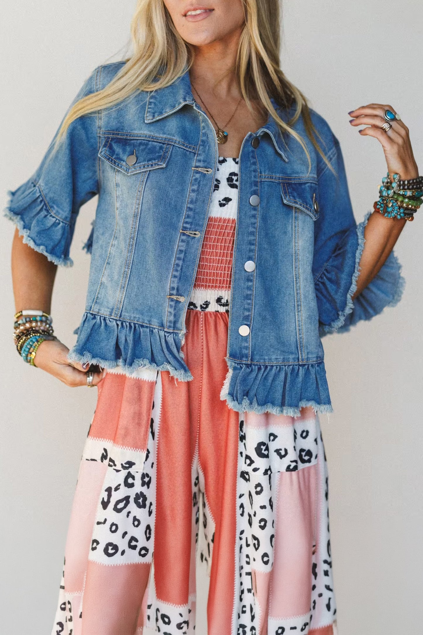 Blue Ruffle Hem Raw Edge Half Sleeve Western Denim Jacket-Outerwear/Denim jackets-[Adult]-[Female]-2022 Online Blue Zone Planet