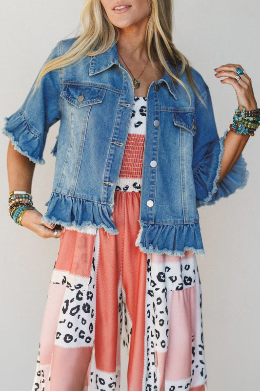 Blue Ruffle Hem Raw Edge Half Sleeve Western Denim Jacket-Outerwear/Denim jackets-[Adult]-[Female]-2022 Online Blue Zone Planet