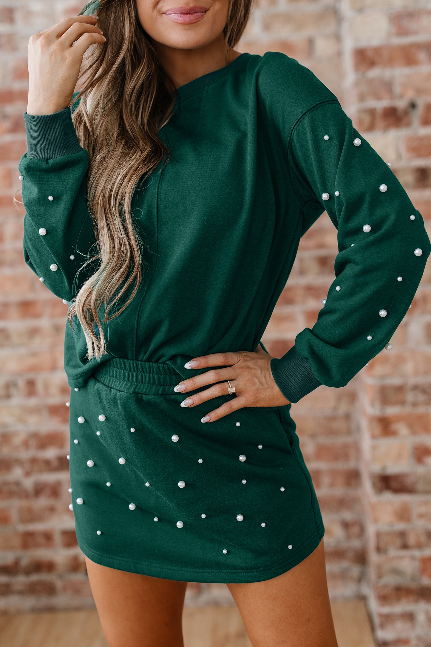 Dark Green Pearl Embellished Drop Shoulder Pullover Elastic Waist Mini Skirt Set-Two Piece Sets/Two Piece Dresses-[Adult]-[Female]-2022 Online Blue Zone Planet