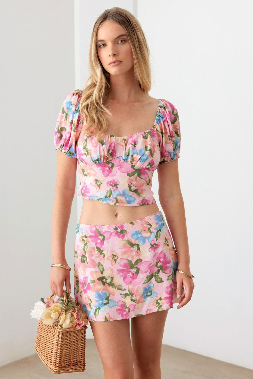 Le Lis Floral Puff Sleeve Crop Top and Mini Skirt Set-TOPS / DRESSES-[Adult]-[Female]-Pink Floral-XS-2022 Online Blue Zone Planet