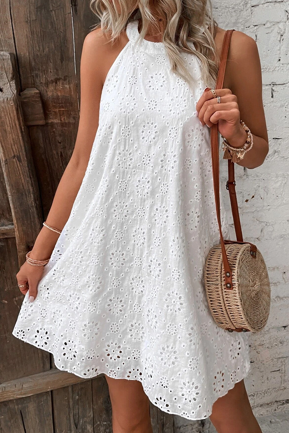 Blue Zone Planet |  White Boho Eyelet Pattern Halter Neck Sleeveless Dress Blue Zone Planet