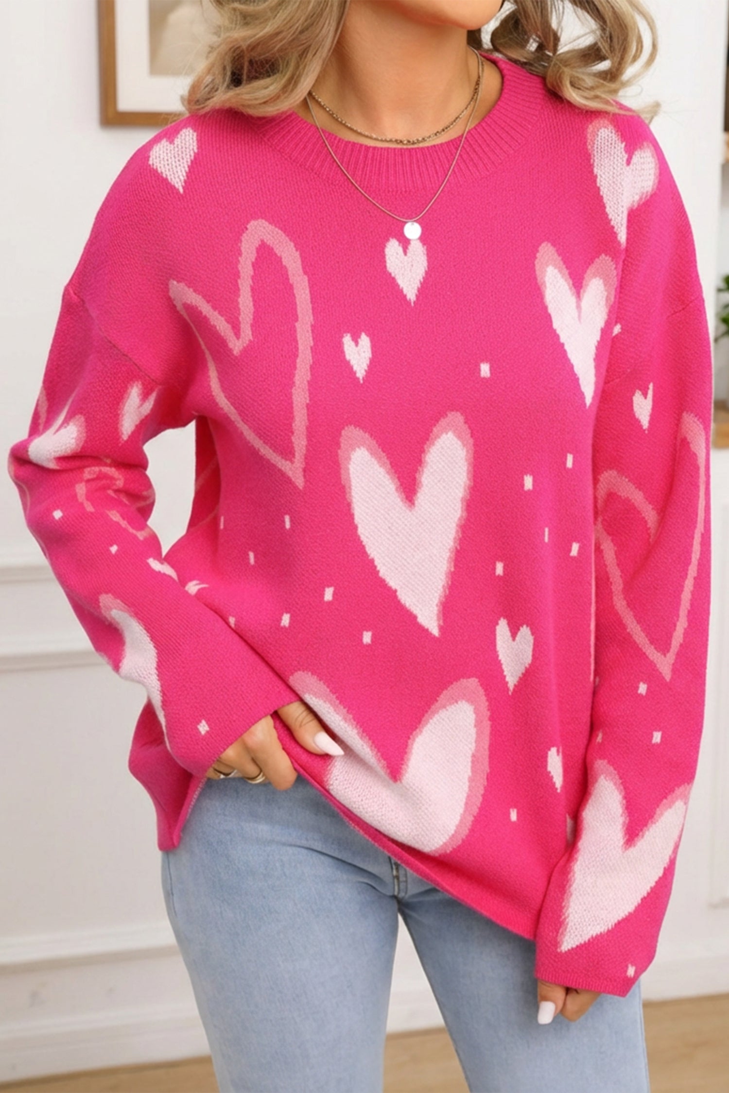 Rose Red Splendid Heart Print Valentines Day Sweater-TOPS / DRESSES-[Adult]-[Female]-Rose Red-S-2022 Online Blue Zone Planet