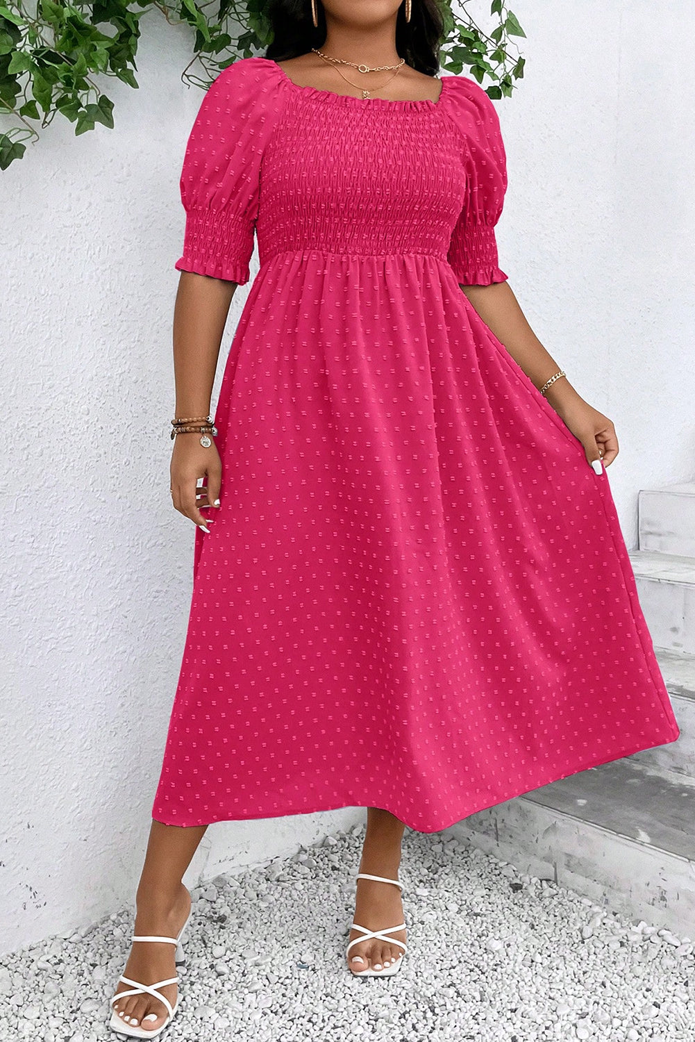 Sachet Pink Swiss Dot Smocked Frilled Neckline Short Sleeve Plus Size Dress-Plus Size/Plus Size Dresses/Plus Size Maxi Dresses-[Adult]-[Female]-2022 Online Blue Zone Planet
