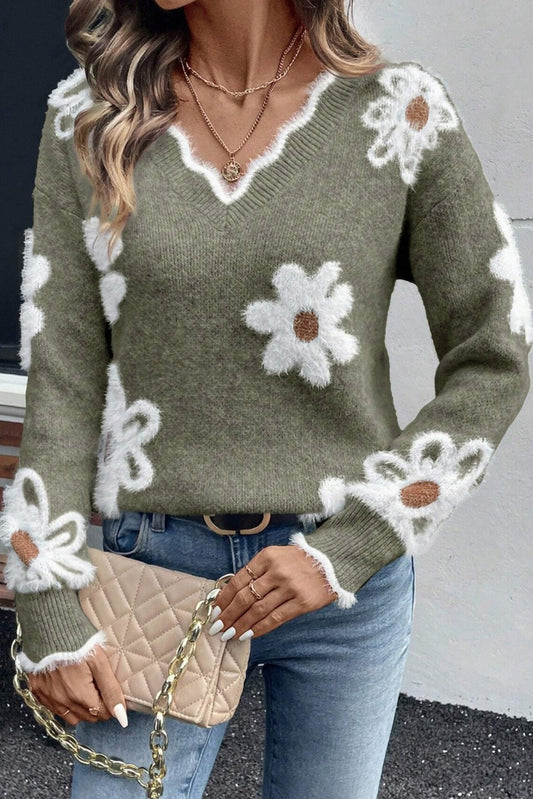 Seagrass Plush Flower Pattern Scalloped Trim V Neck Sweater-TOPS / DRESSES-[Adult]-[Female]-Seagrass-S-2022 Online Blue Zone Planet