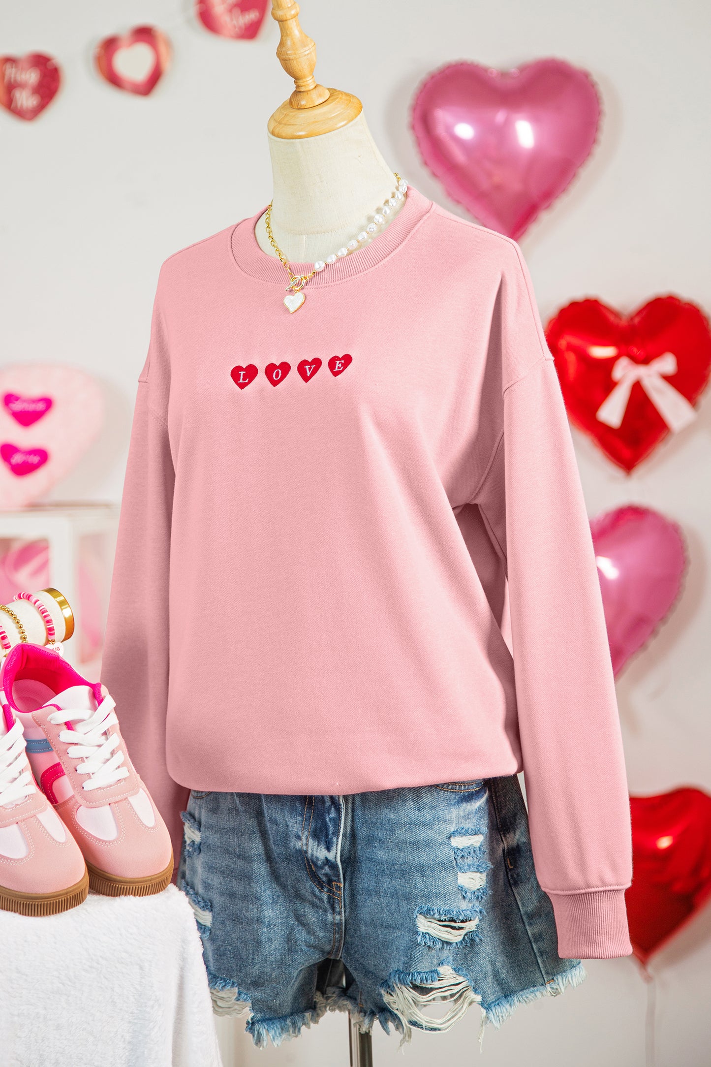 Pink LOVE In Hearts Embroidered Graphic Sweatshirt-Graphic Sweatshirts-[Adult]-[Female]-2022 Online Blue Zone Planet