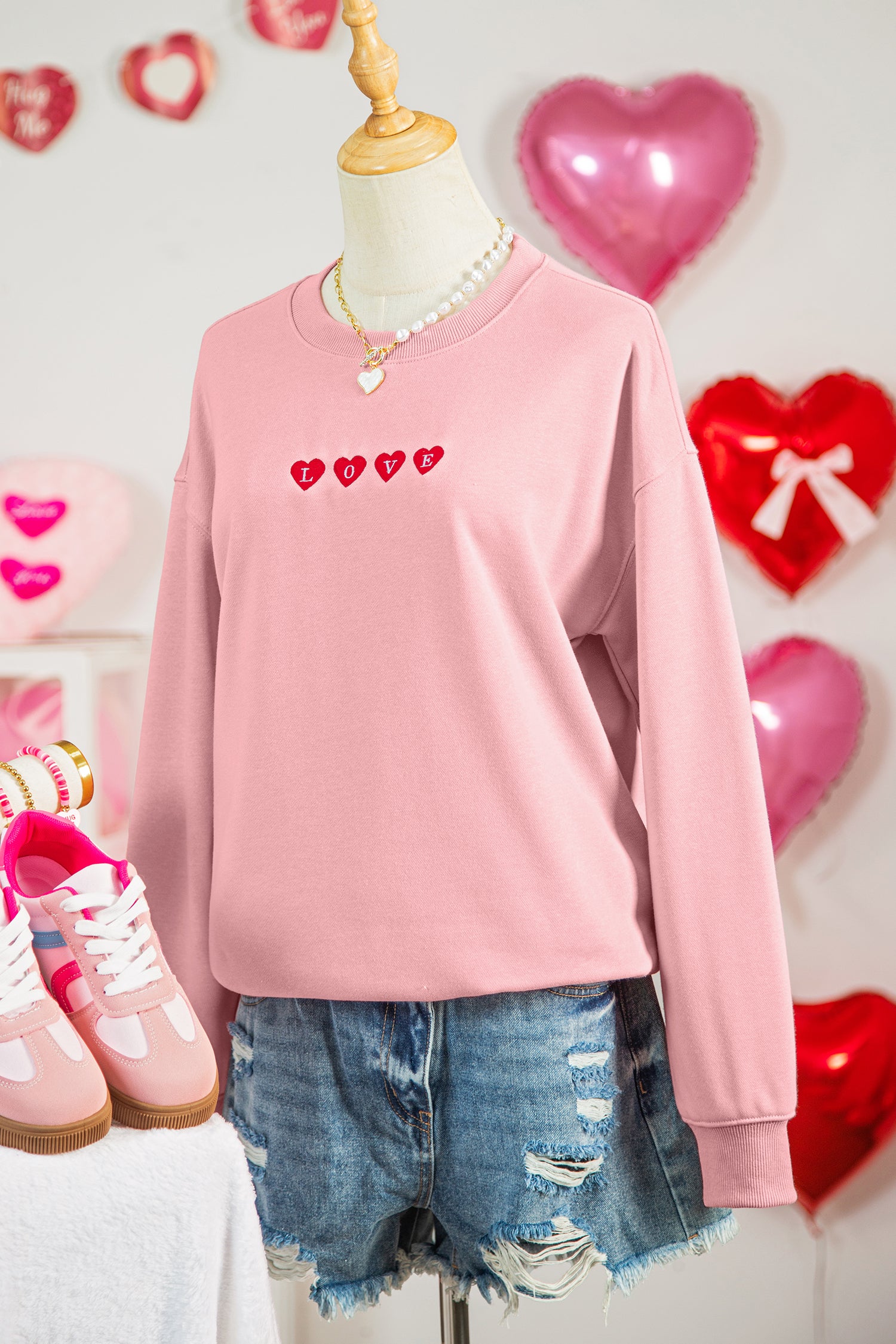 Pink LOVE In Hearts Embroidered Graphic Sweatshirt-Graphic Sweatshirts-[Adult]-[Female]-2022 Online Blue Zone Planet
