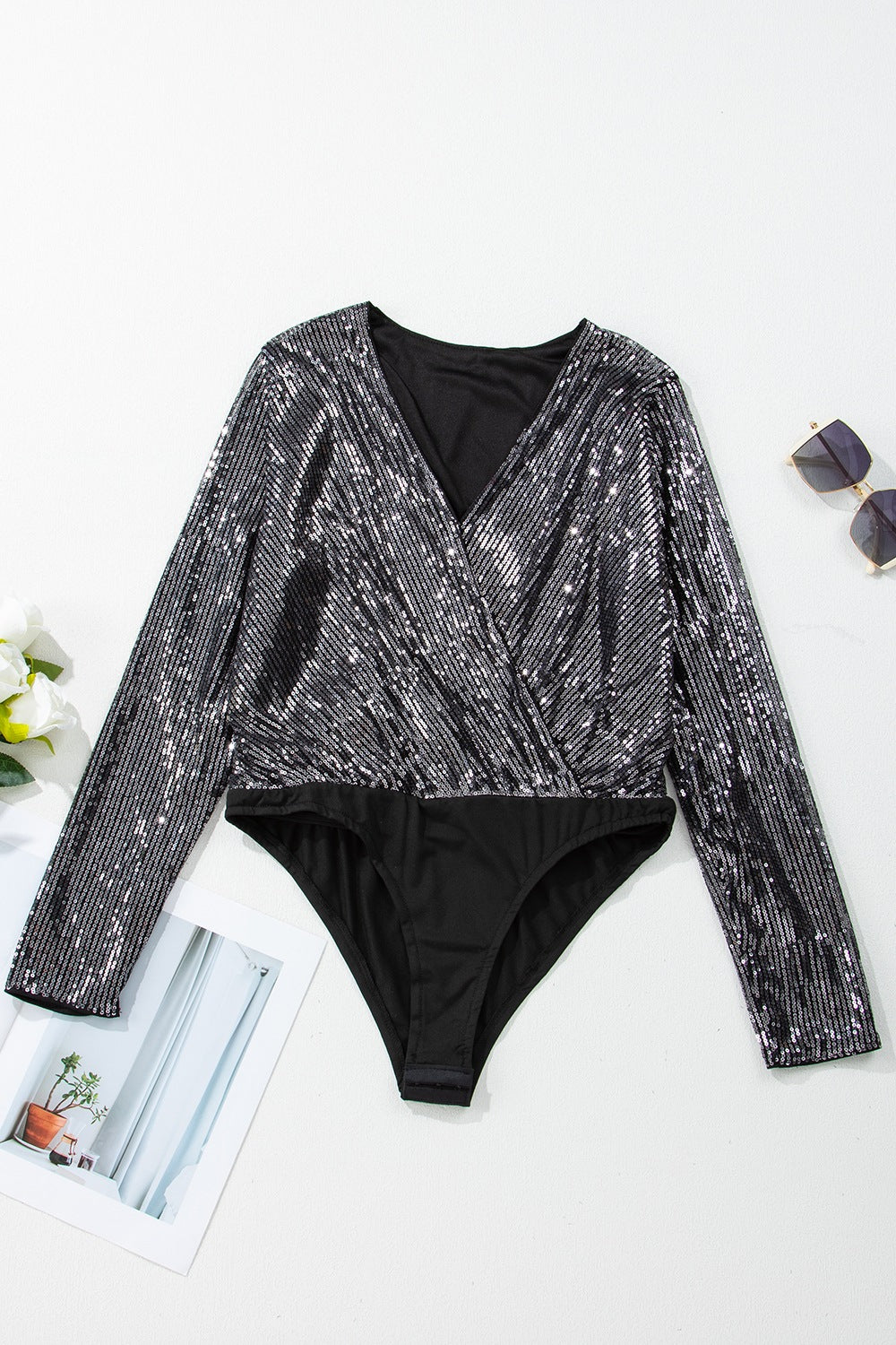 Sequin Surplice Long Sleeve Bodysuit-TOPS / DRESSES-[Adult]-[Female]-2022 Online Blue Zone Planet