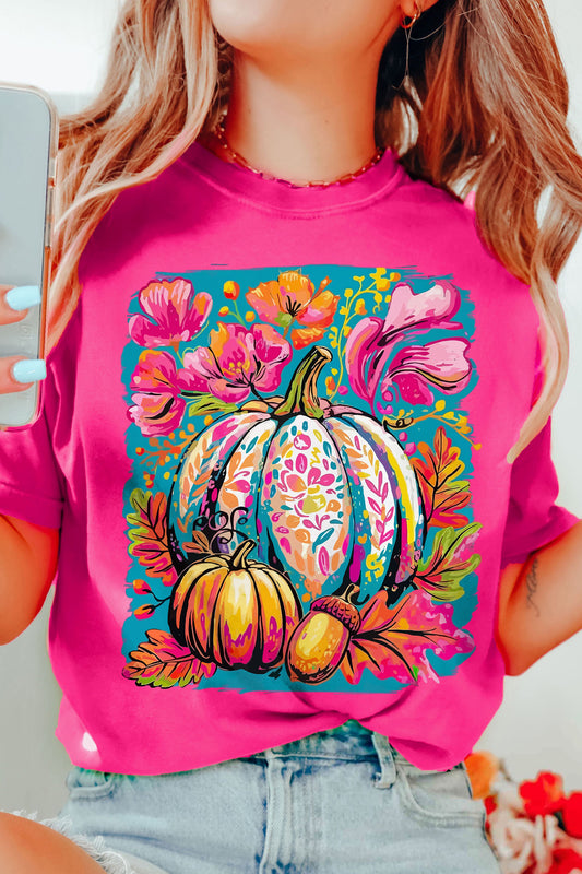 Rose Red Floral Pumpkin Graphic Print Crewneck Relaxed T-Shirt-Graphic/Graphic Tees-[Adult]-[Female]-Rose Red-S-2022 Online Blue Zone Planet