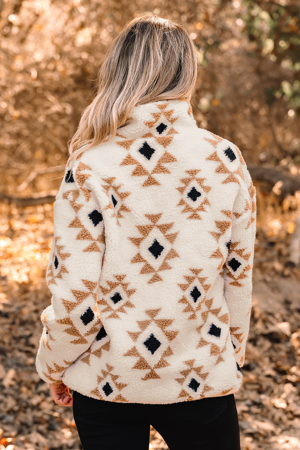 Khaki Aztec Print Sherpa Quarter Zip Collar Sweatshirt-Tops/Sweatshirts & Hoodies-[Adult]-[Female]-2022 Online Blue Zone Planet