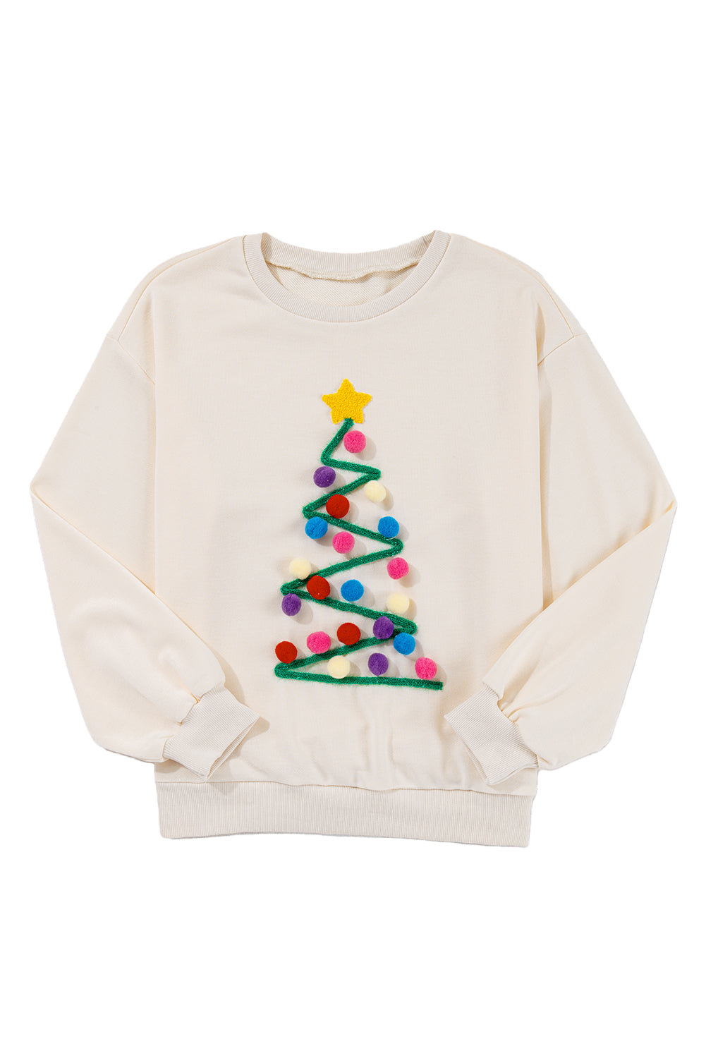 Blue Zone Planet | Beige Tinsel Christmas Tree Random Pompom Sweatershirt-Sweatshirts & Hoodies-[Adult]-[Female]-2022 Online Blue Zone Planet