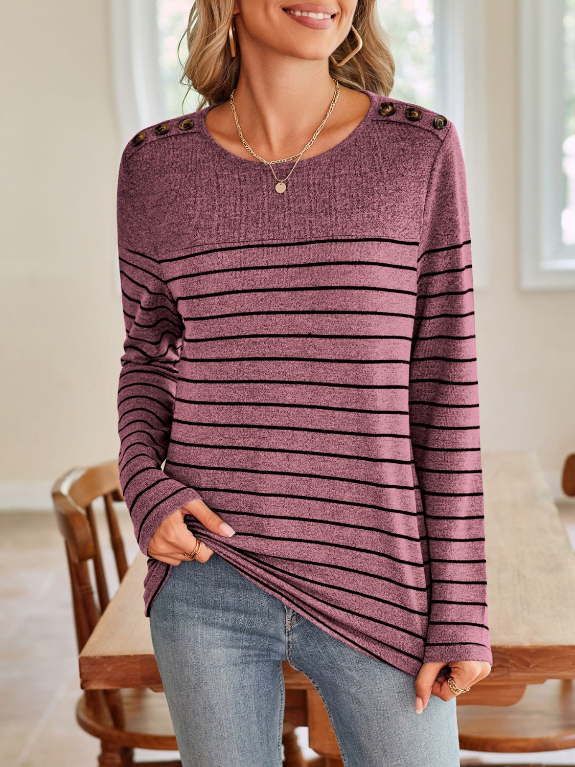 Blue Zone Planet | Lovelet Striped Round Neck Long Sleeve T-Shirt-TOPS / DRESSES-[Adult]-[Female]-Moonlit Mauve-S-2022 Online Blue Zone Planet