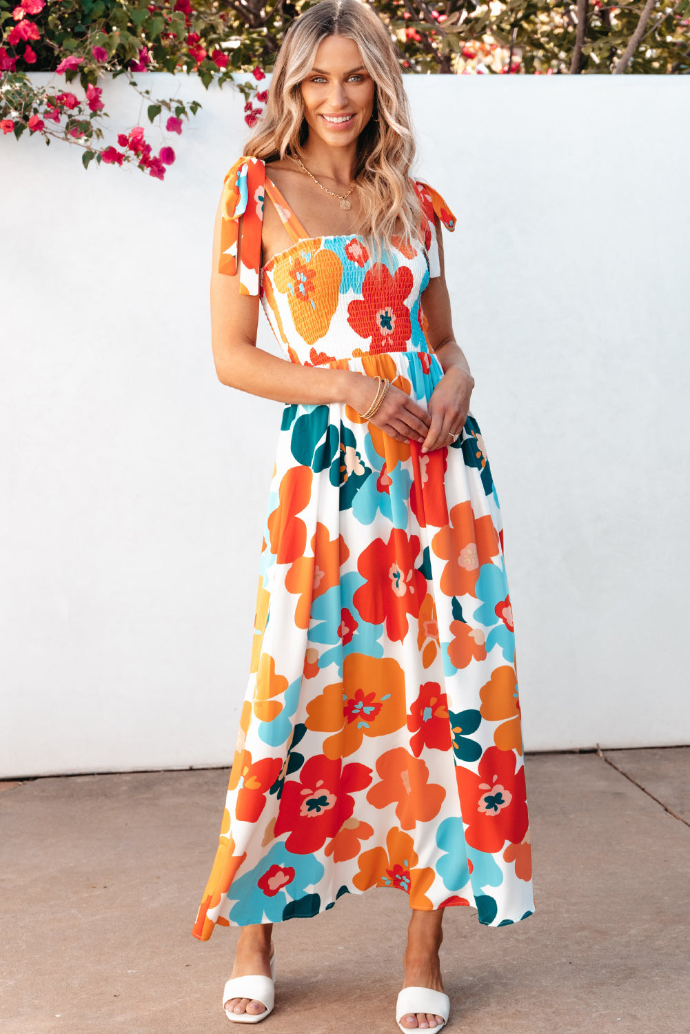 Orange Floral Self Tied Straps Smocked Bust Maxi Dress-Dresses/Floral Dresses-[Adult]-[Female]-2022 Online Blue Zone Planet