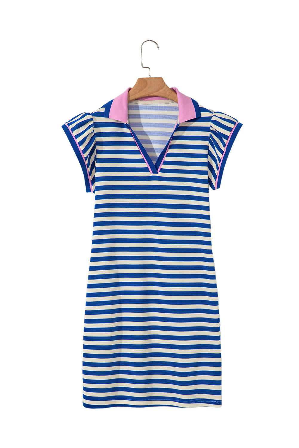 Dark Blue Stripe Print Contrast Collar Split Neck Flutter Sleeve Short Dress-TOPS / DRESSES-[Adult]-[Female]-2022 Online Blue Zone Planet