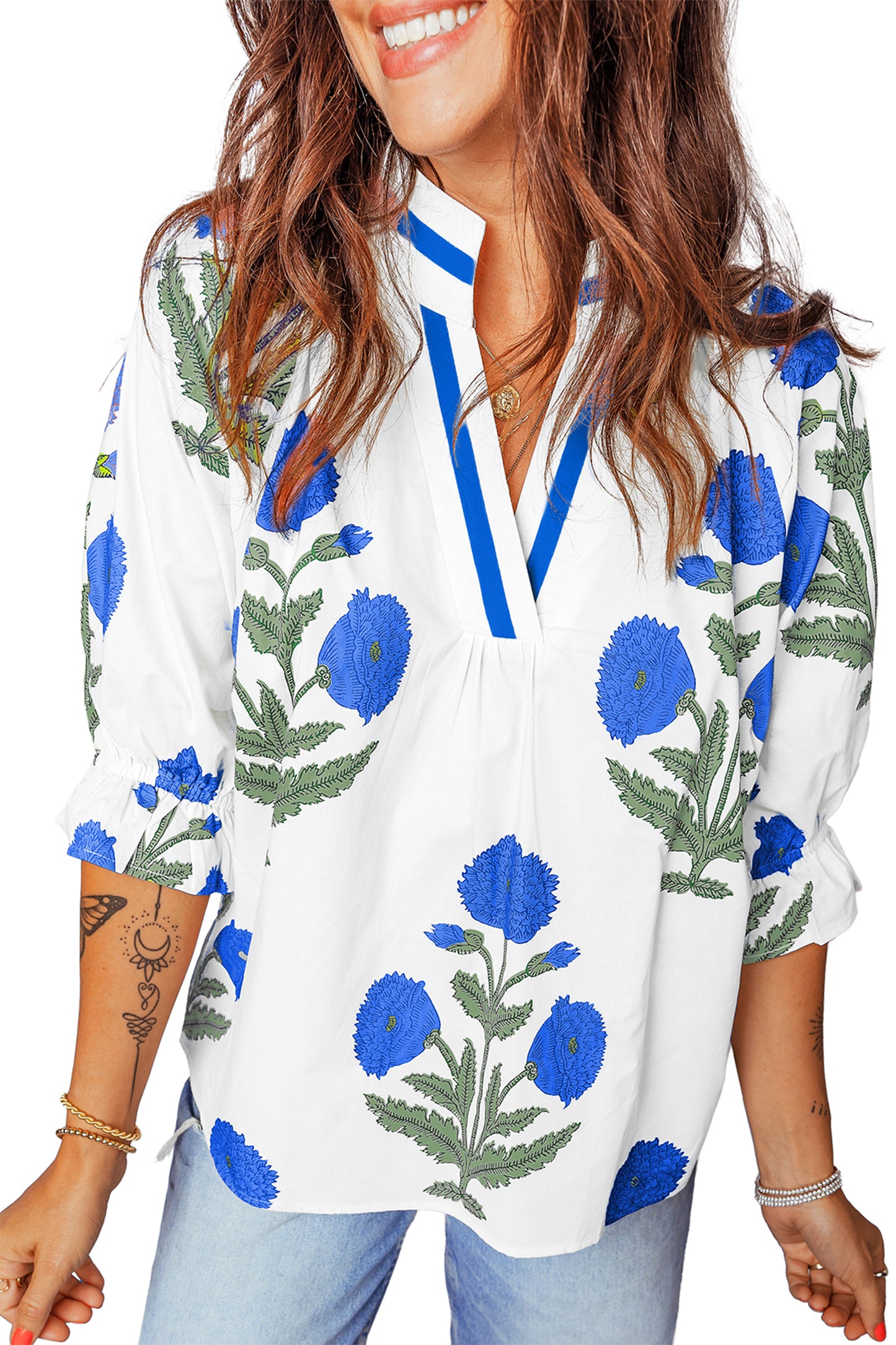 Sky Blue Casual Wild Flower Print V Neck 3/4 Sleeve Blouse-Tops/Blouses & Shirts-[Adult]-[Female]-2022 Online Blue Zone Planet