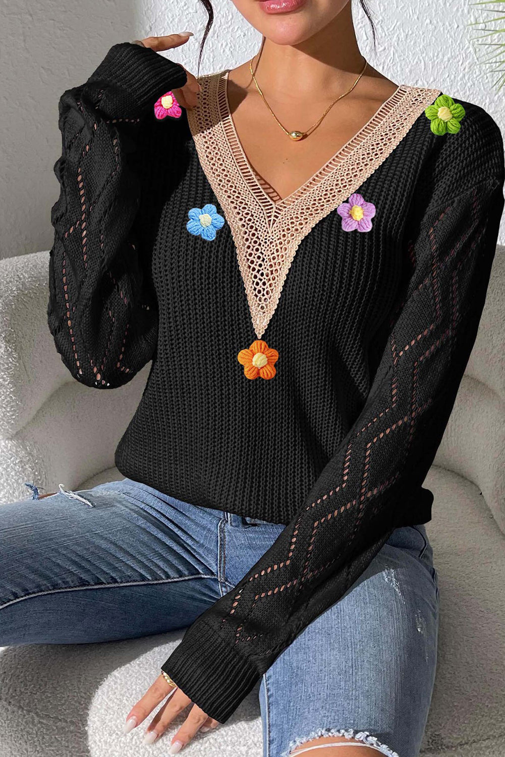 Blue Zone Planet | Black Crochet Flower V Neck Pullover Sweater-Sweaters-[Adult]-[Female]-2022 Online Blue Zone Planet