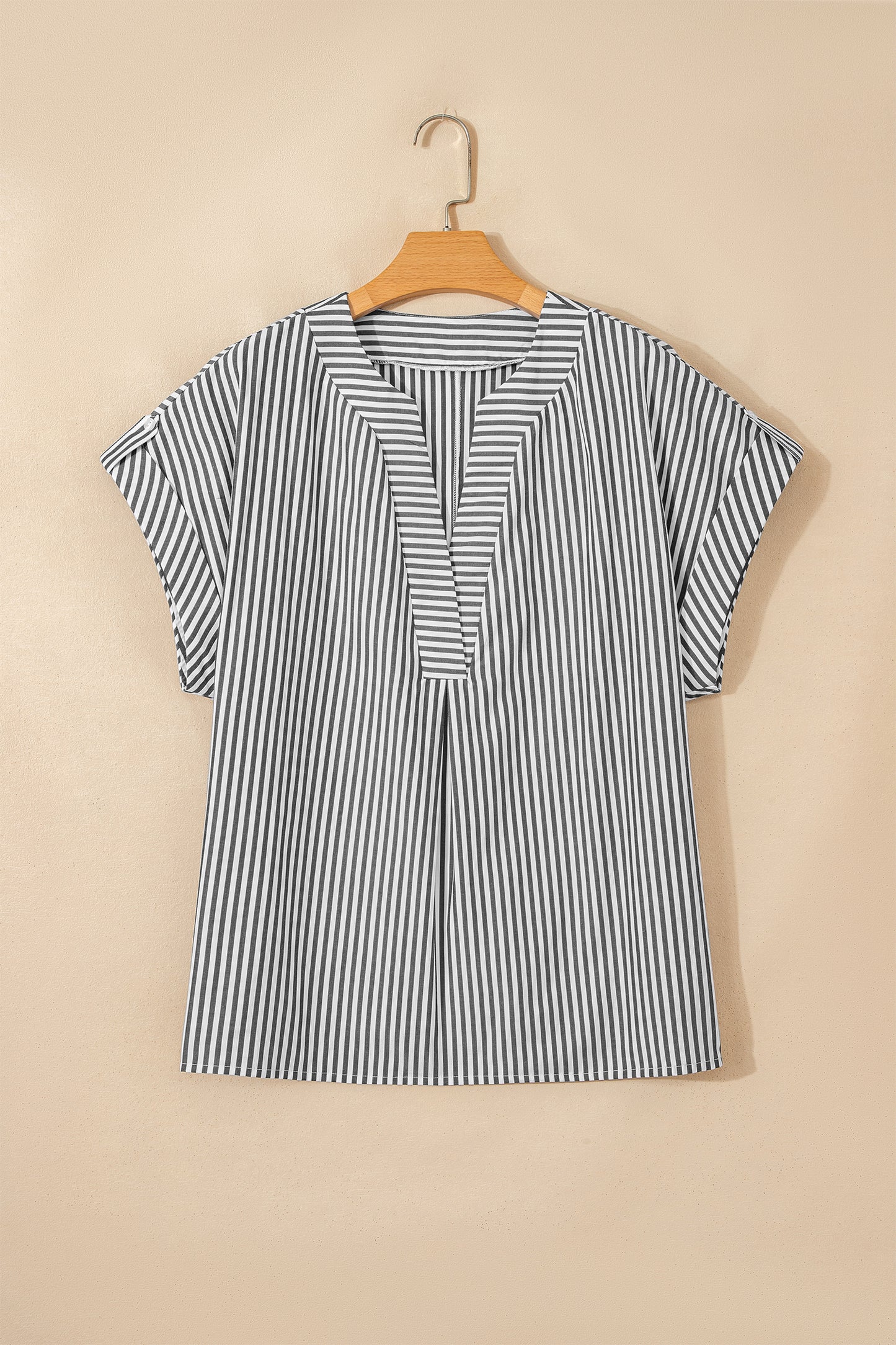 Black Stripe Plus Size V Neck Roll-Tab Short Dolman Sleeve Blouse-Plus Size/Plus Size Tops/Plus Size Blouses & Shirts-[Adult]-[Female]-2022 Online Blue Zone Planet