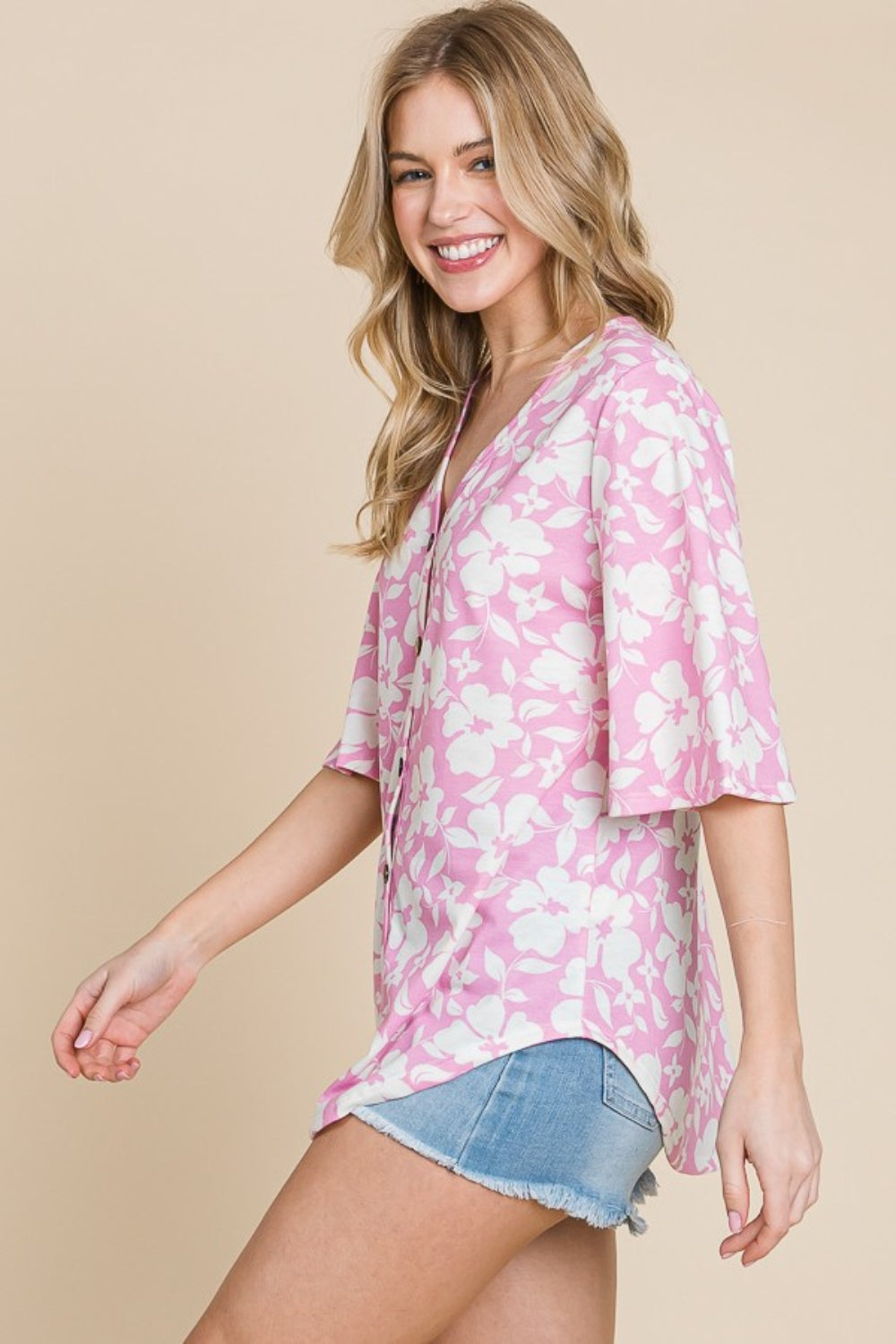 Blue Zone Planet | BOMBOM Floral Decorative Button V-Neck Top-TOPS / DRESSES-[Adult]-[Female]-2022 Online Blue Zone Planet