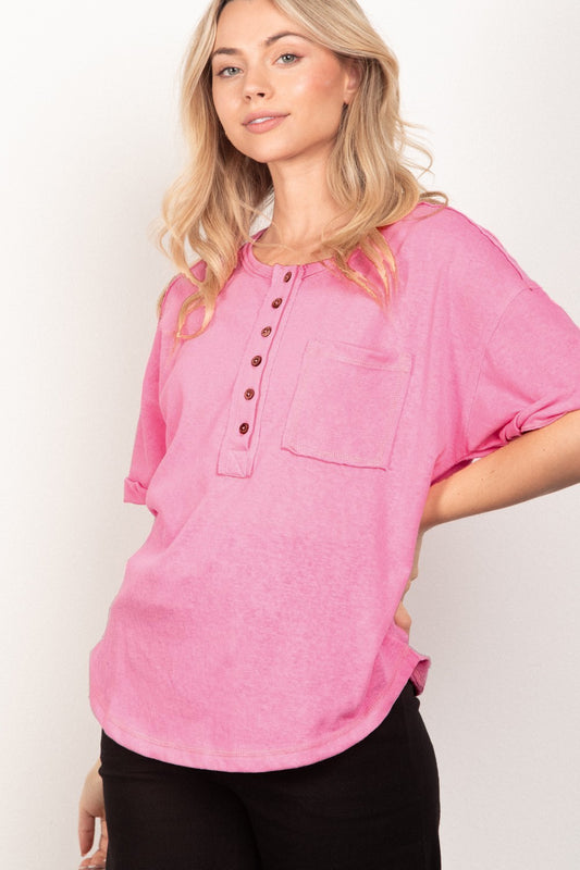 VERY J Twisted Sleeve Band Half Button Top-TOPS / DRESSES-[Adult]-[Female]-Pink-S-2022 Online Blue Zone Planet