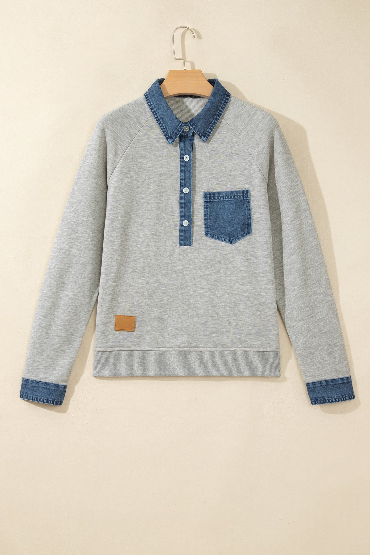 Gray Denim Collar Patchwork Long Sleeve Pullover Top-Tops/Long Sleeve Tops-[Adult]-[Female]-2022 Online Blue Zone Planet